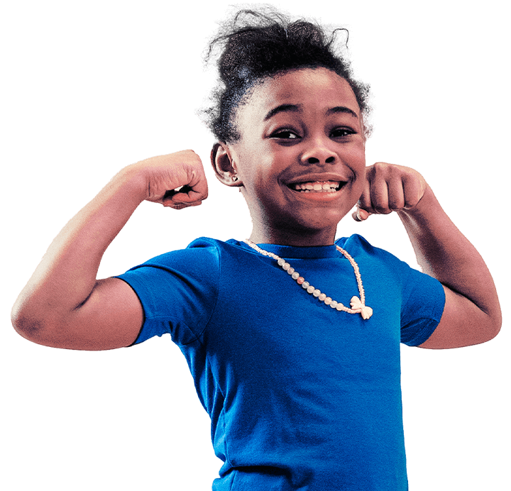 girl wearing blue tshirt flexing and smiling